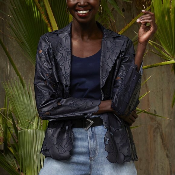 Chico's Faux Leather Laser Cut Floral Blazer Navy XL 16 - Picture 2 of 13